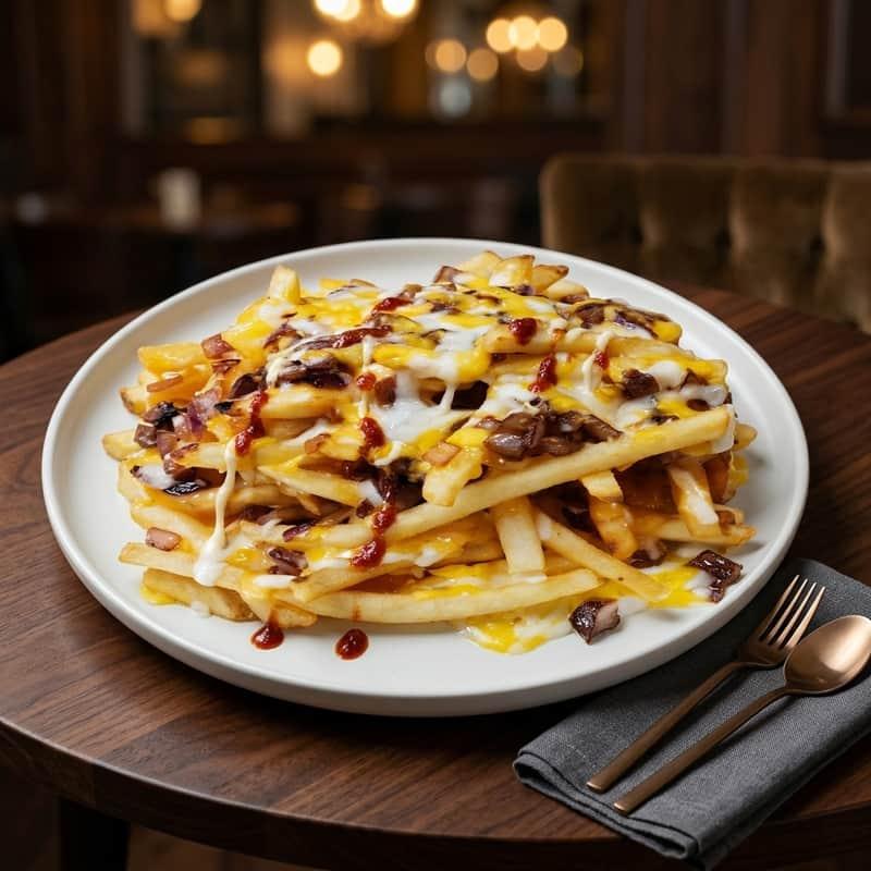 Cheesy Kabob Fries topped with kabob and melted cheese at Ribs 'n' Kabobs in Artesia, CA